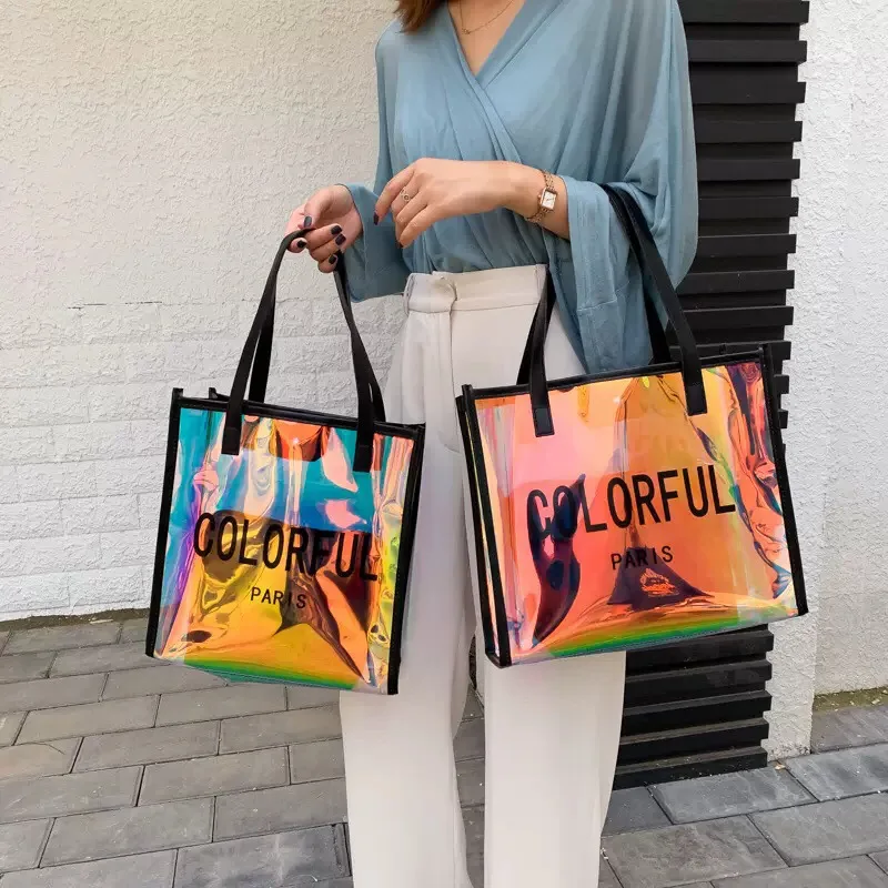 High quality waterproof holographic pvc shoulder tote bag clear plastic shopping bag gift bag