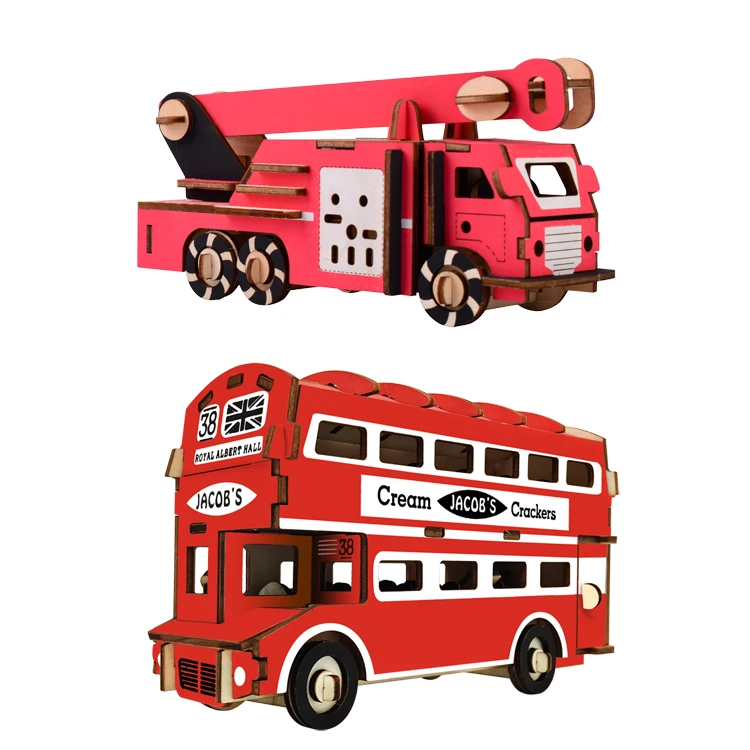 Red bus fire fruck model high-grade collectibles wooden kit good for thought training