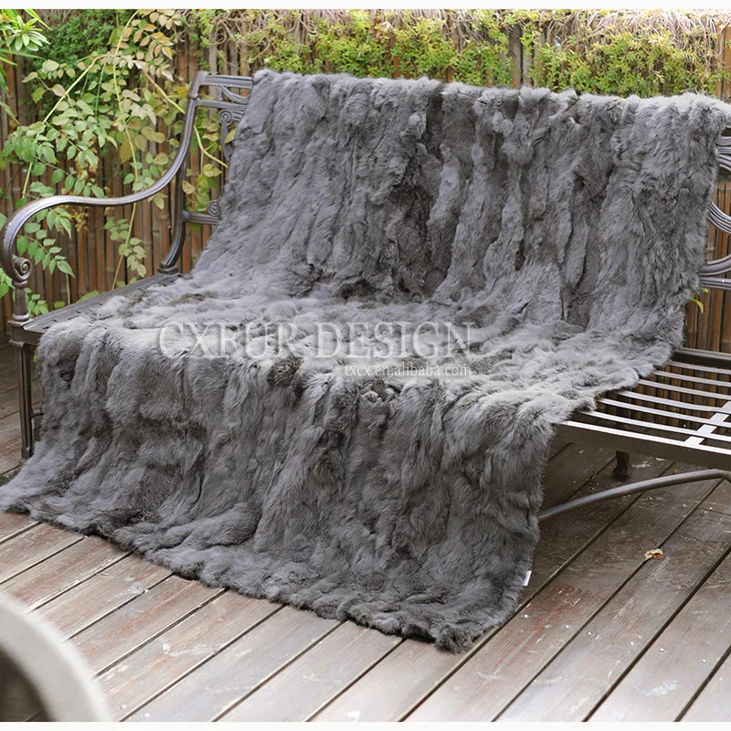 CX-D-11C Patchwork Home Decor Real Rabbit Fur Throw Blanket Shawl