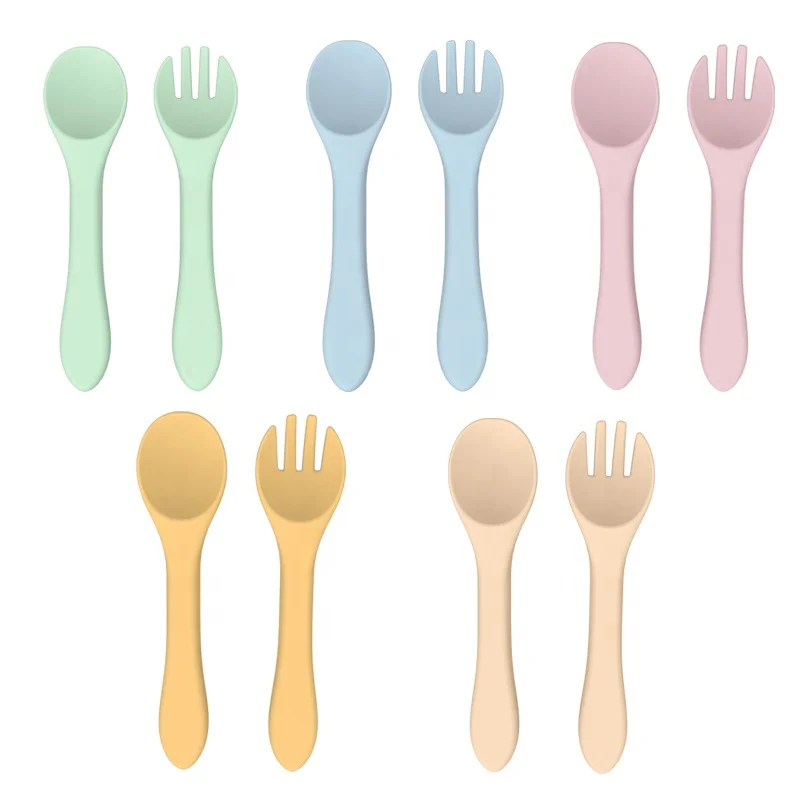 OEM Custom Wholesale Baby Feeding Soft Spoon Fork Set BPA Free Baby Dinnerware Utensils Food Grade Silicone