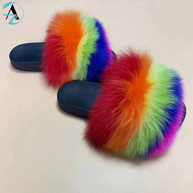 
Custom Colorful Ladies Big Real Fluffy Full Coverage Fur Slippers Racoon Fox Fur Slides For Women 