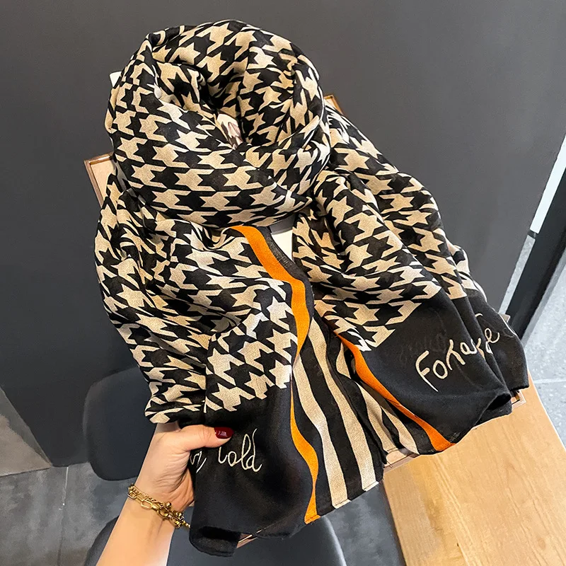 New Design Fashion Letter Printed Long Large Cotton Scarves For Women Luxury Houndstooth Pattern Viscose Shawls Muslim Hijabs