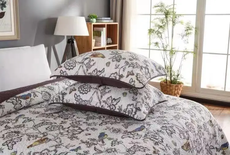 Bohemia style geometry navy blue flower plant microfiber embroid 3d printed Quilted Bedspreads Set
