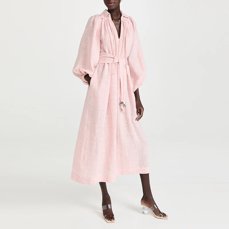Cotton linen tie bow neck long balloon sleeve plus size midi dress
