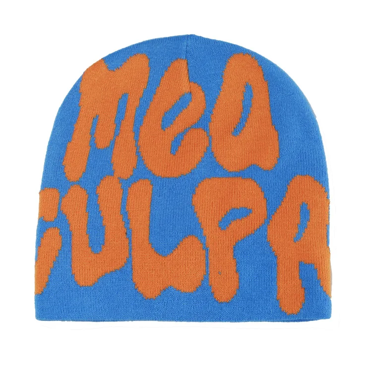 Over print skully custom beanies manufacturer with jacquard logo