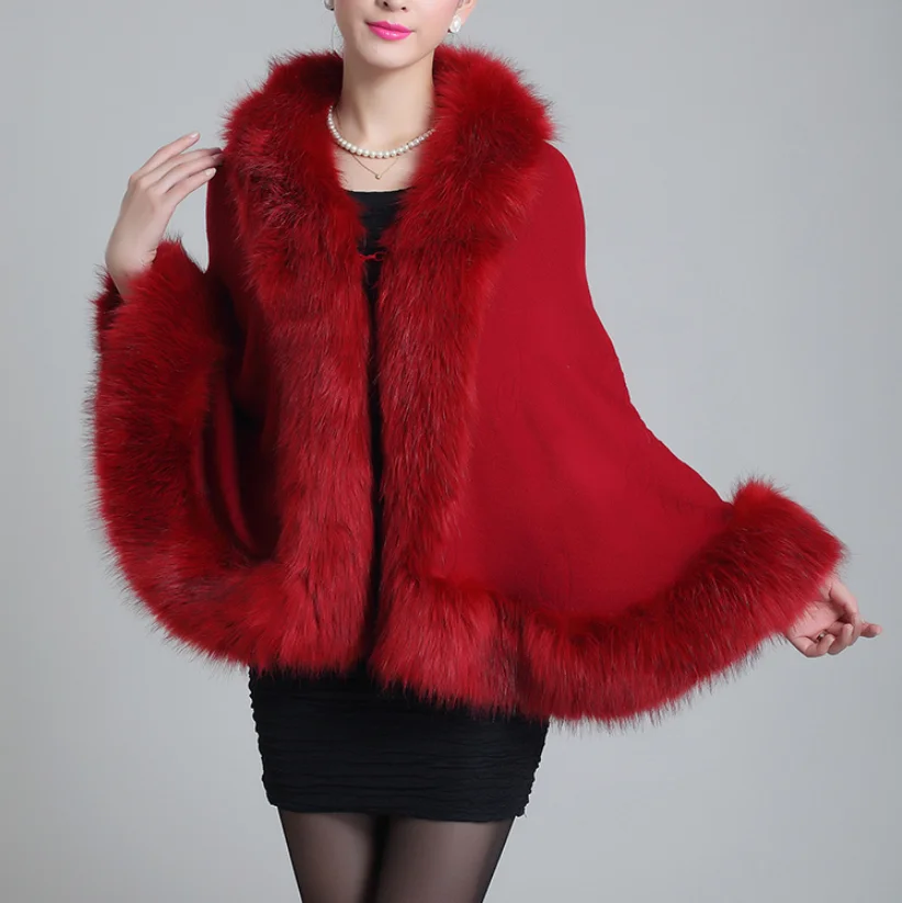 Модное женское пальто из искусственного меха на осень и зиму, кожаное пончо с воротником из лисьего меха и накидки, Женская шаль, накидка, шерстяное меховое пальто