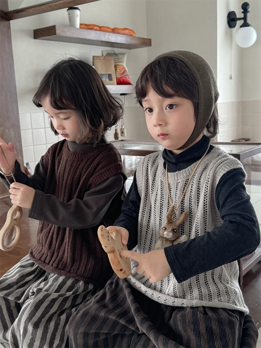 Children Autumn New Solid Color Knitted Tank Top for Boy Girl baby Forest style Retro Vest Top