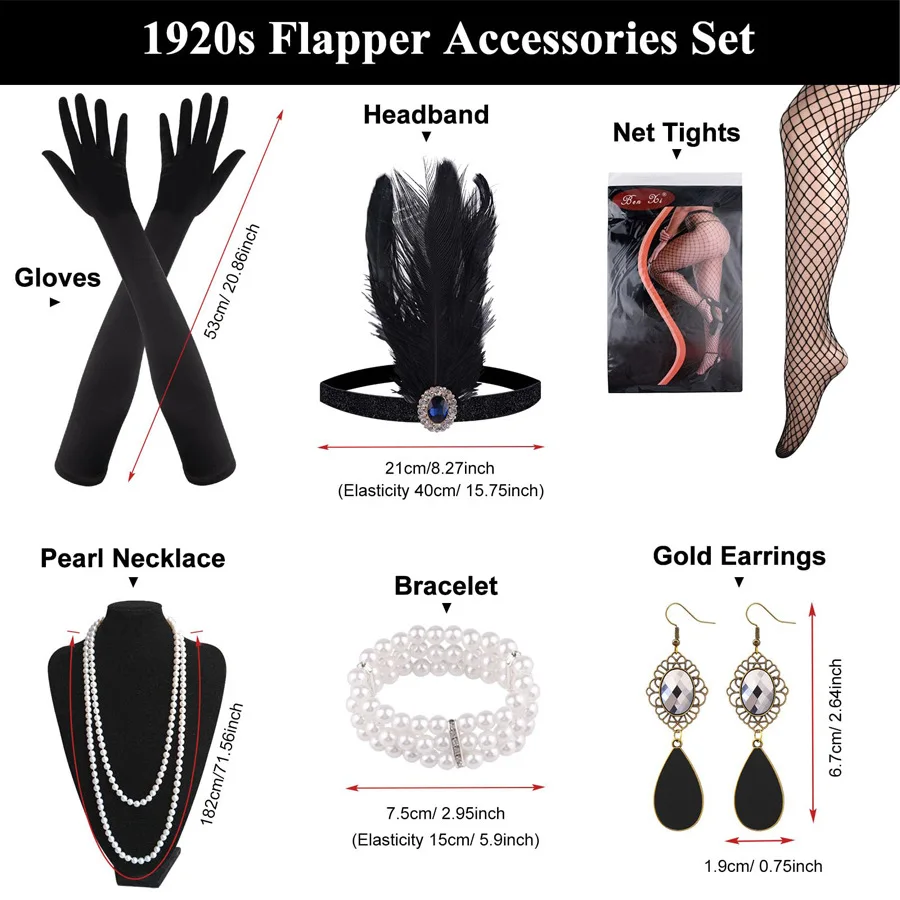 1920s Flapper отличный набор аксессуаров Gatsby модный ревущий 20 тематический с повязкой на голову черные перчатки ожерелье серьги
