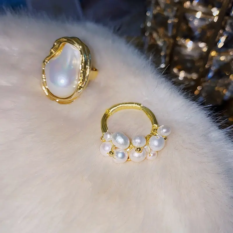 Modern Ladies Fashion Tarnish Free Gold Adjustable Big Freshwater Baroque Pearl Ring
