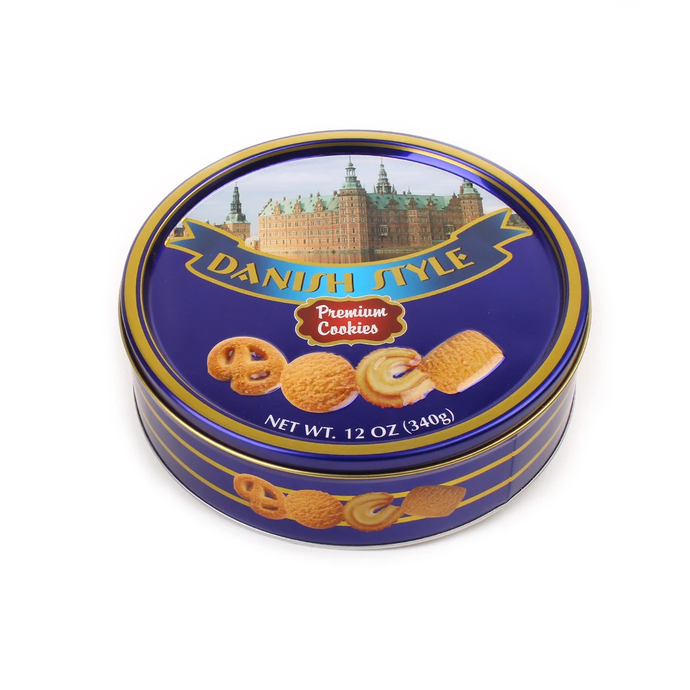 Vegetarian halal digestive bourbon biscuits and cookies custom New design blue round tin wholesale butter cookies