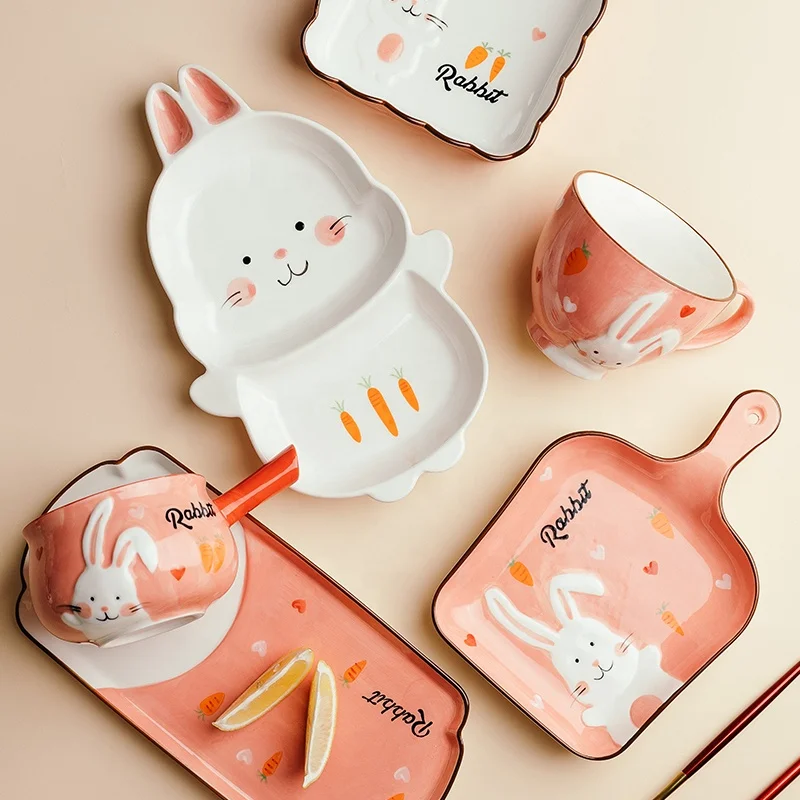 
Jade-cer under glazed cute cartoon animal design ceramic kids children dinnerware set tray bowl cup set 