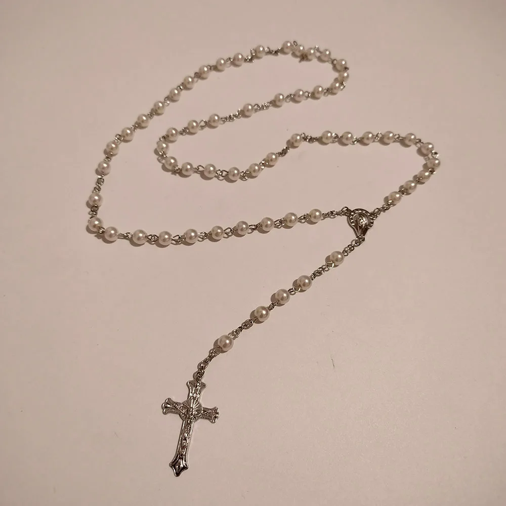 Pink and beige glass imitation pearl prayer beads Fatima cross necklace