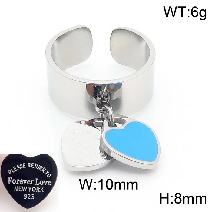 Wholesale Pink Blue Enamel Heart Charm Waterproof Anti Tarnish Designer Gold PVD Plated Girls Open Rings For Women