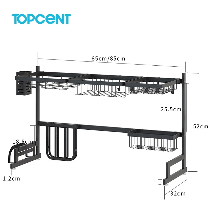 TOPCENT 65cm 85cm Expandable Adjustable  2 tier Kitchen Stainless Steel Drainer Over The Sink Dish drying Rack