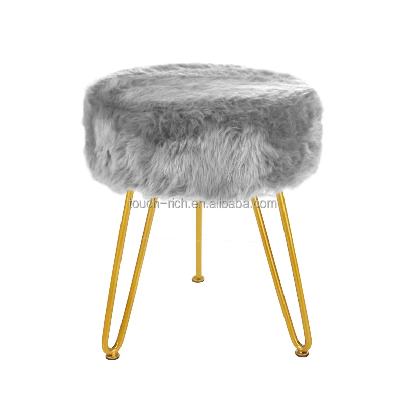 Dark gray  Faux Fur Vanity Stool Chair Soft Furry Compact Padded Seat Living Room, Bedroom  Metal Legs Furniture ottoman