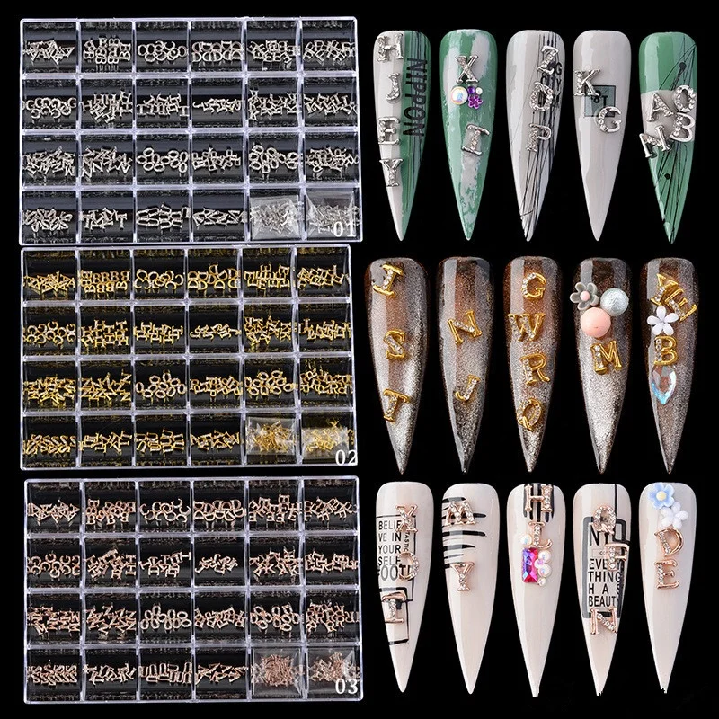 Hot sale New Type Gold Nail Crystal Rhinestone English 3D Letters Nail Art Charms Zircon Stud Box For Nails
