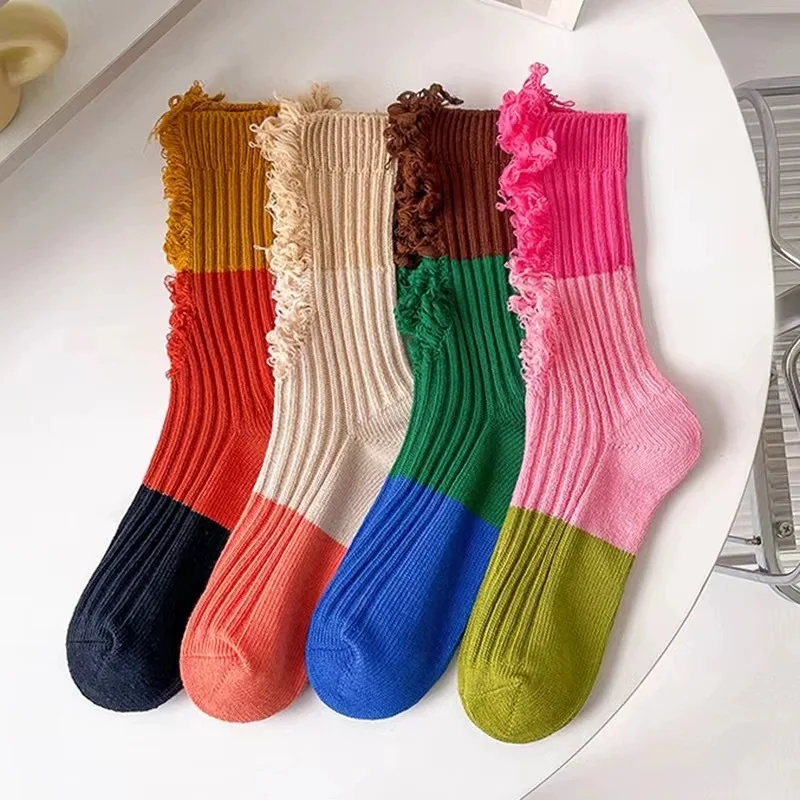 Wholesale Fashion Unique Ripped Distressed Patchwork novelty Women Street cotton Ribbed crew socks