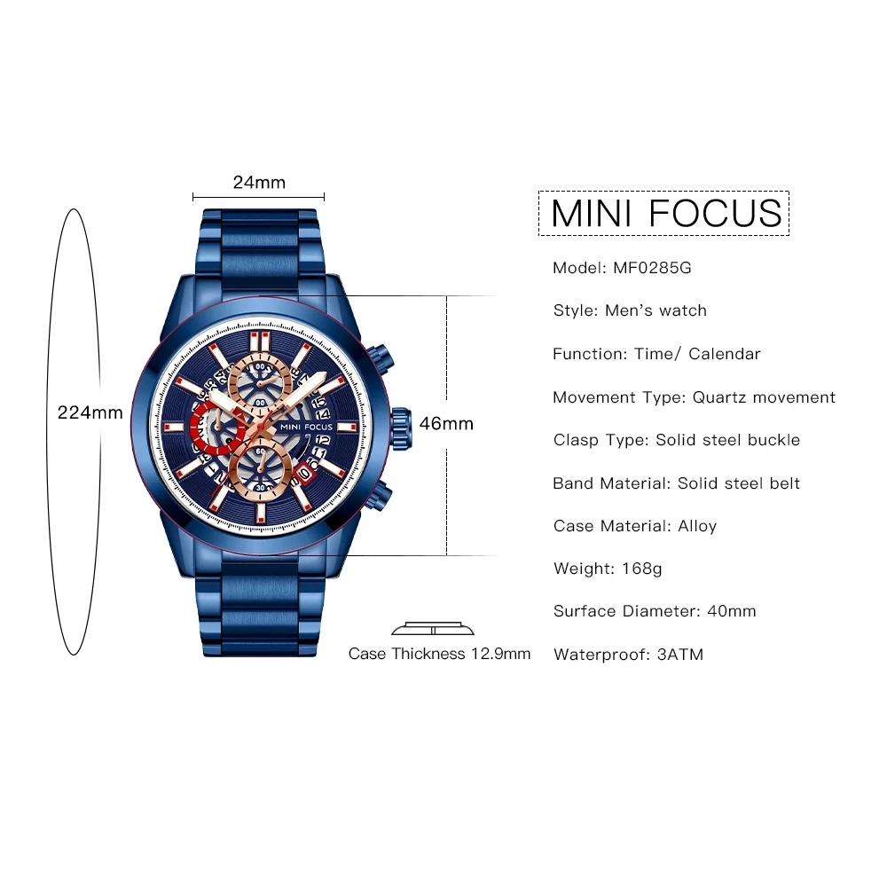 MINI FOCUS MF0285G luxury blue gents quartz watch superior steel Strap water proof Calendar character sports wristwatch