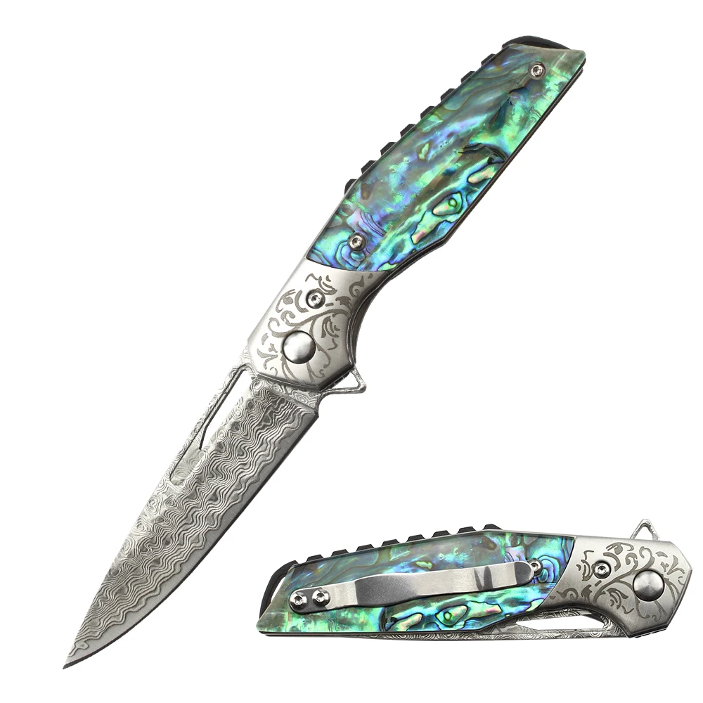 Best selling product custom Survival Knife Damascus Blades Blade & Abalone hell resin Handle Ball bearing folding knife
