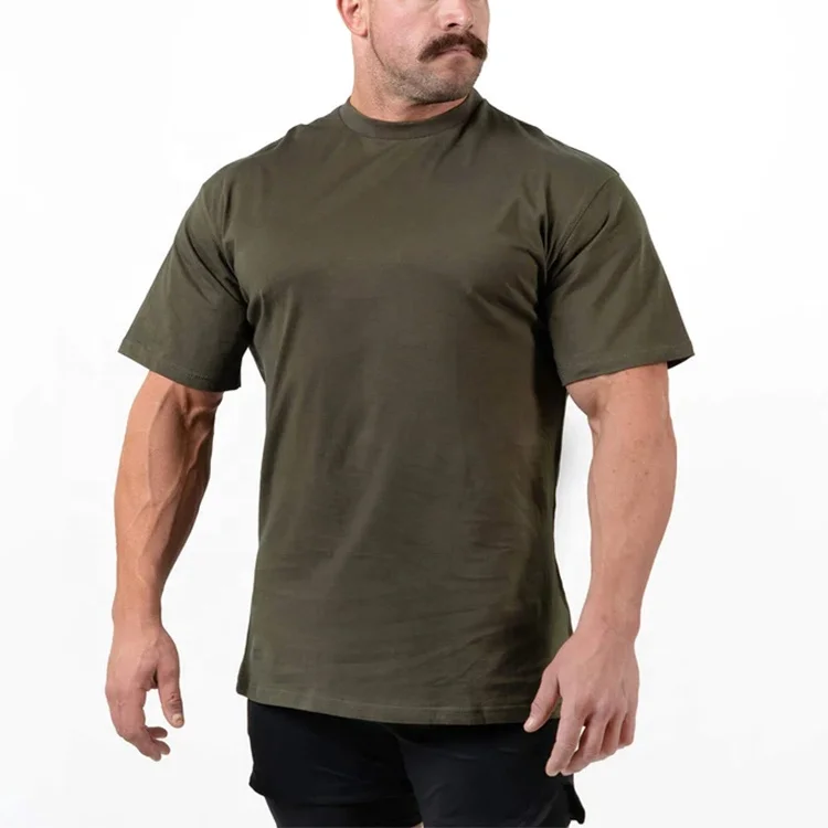 Custom Logo Design Oversized Fit Ribbed Round Neckline Sport Solid Color Gym T Shirt Drop Shoulder 100% Cotton T-Shirt Men