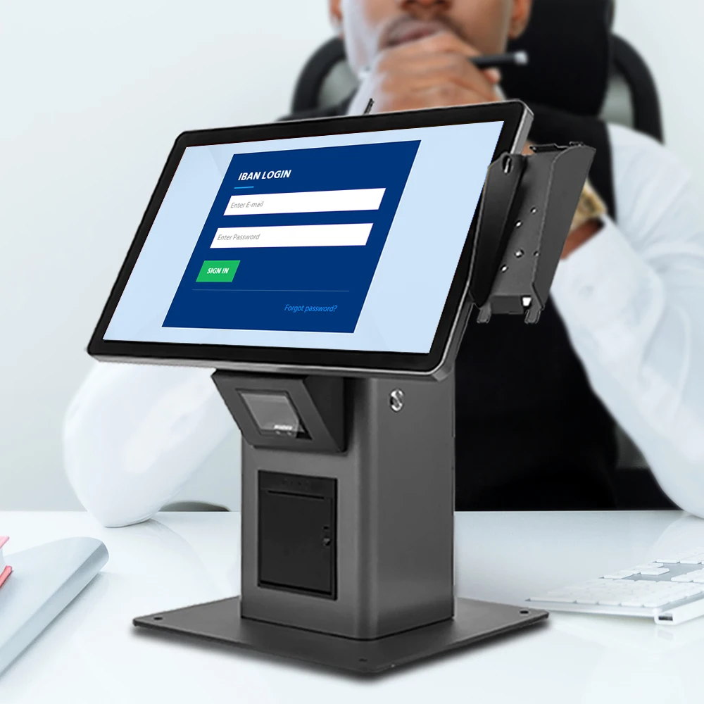 Factory 21.5 inch touch screen kiosk with built in 80mm thermal printer and scanner