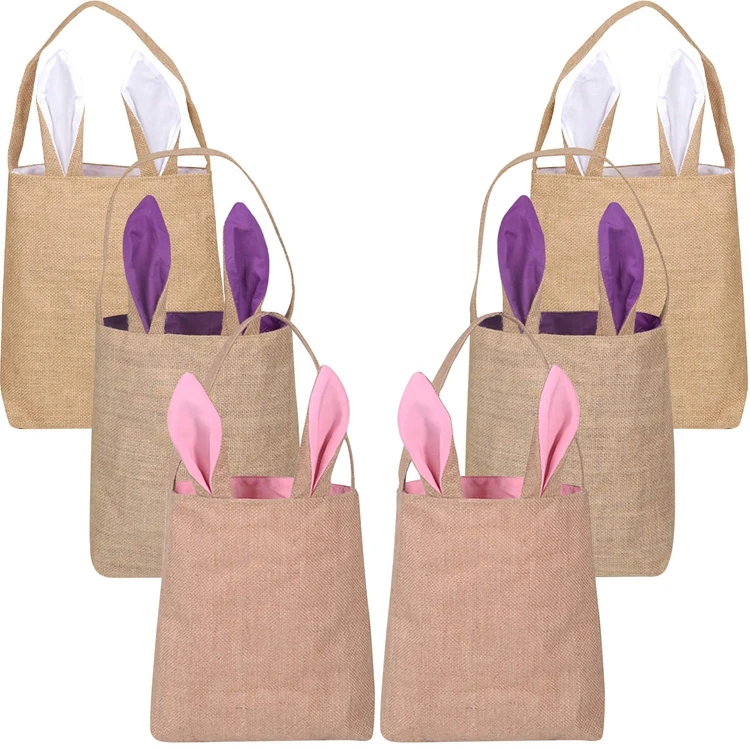 Custom Wholesale DIY Ears Linen Egg Gifts Blank Sublimation Easter Bunny Bags Carry Bucket Tote
