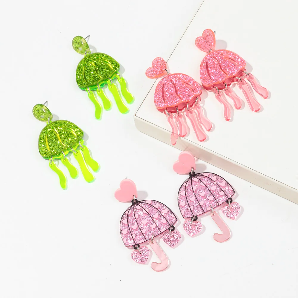 Fashion Sweet Girl Gift Colorful Glitter Umbrella Cartoon Jellyfish Green Tassel Pendant Pink Heart Acrylic Drop Earrings 2024