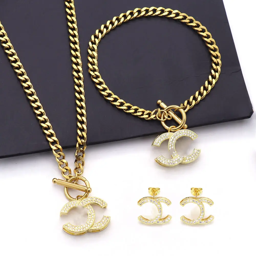 Fashion 18K Gold Branded Jewelry Set High End Zircon Designer Bracelet Necklace Earrings Stainless Steel Women Jewelry Set