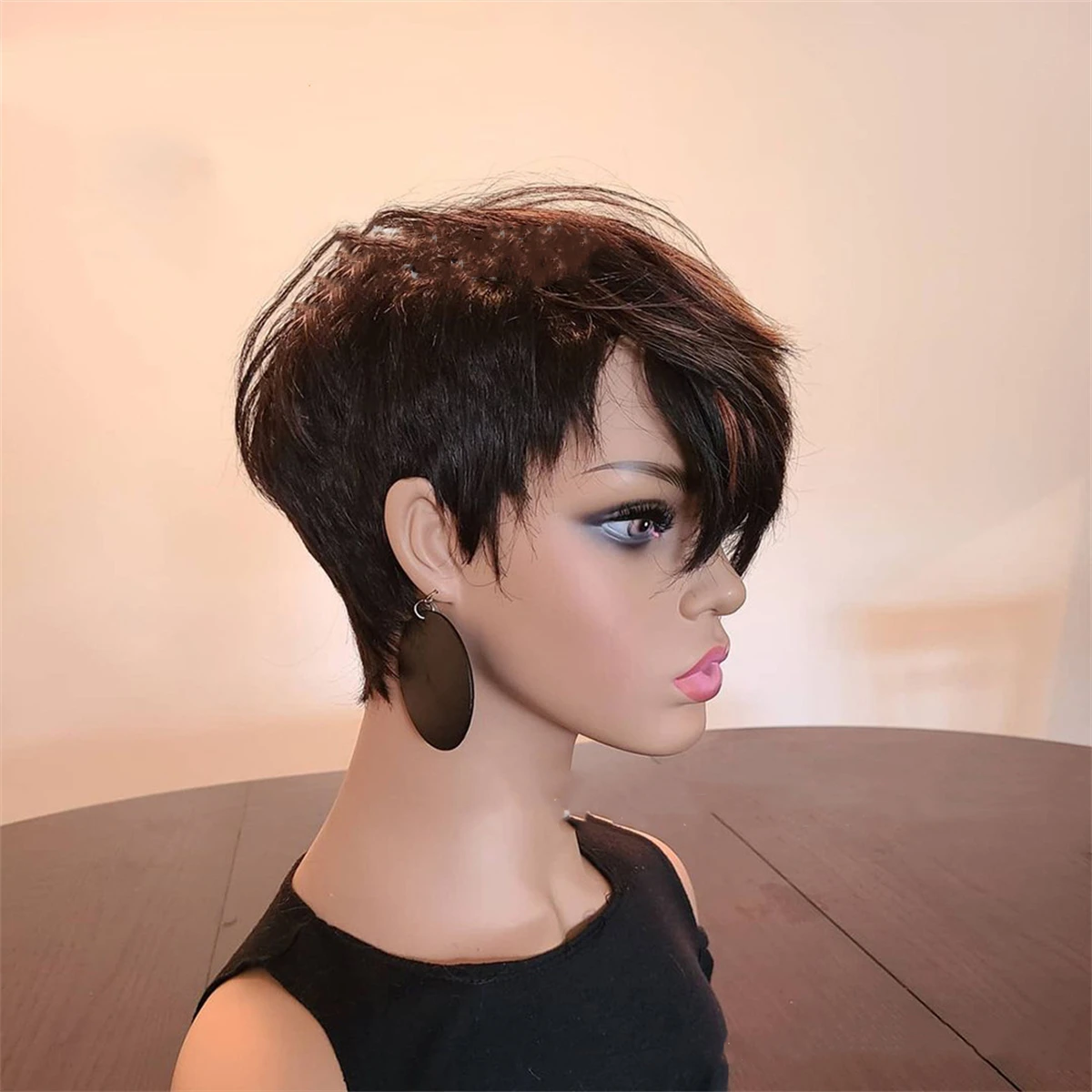Lady Women Fashion Short Brown mix Black Blonde Synthetic Hair Wigs With Oblique Bangs Hairstyle Cosplay