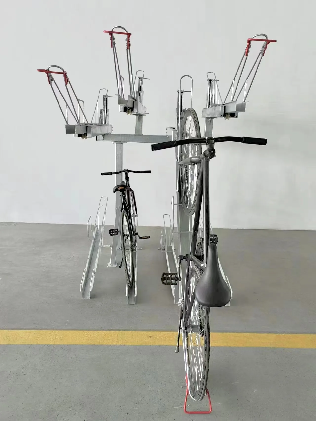 Easylift Premium gas-powered Double-Decker Assisted 4 Two-Tiered Cycles Storage Rack Across Two Tires for Handily Storing Bikes