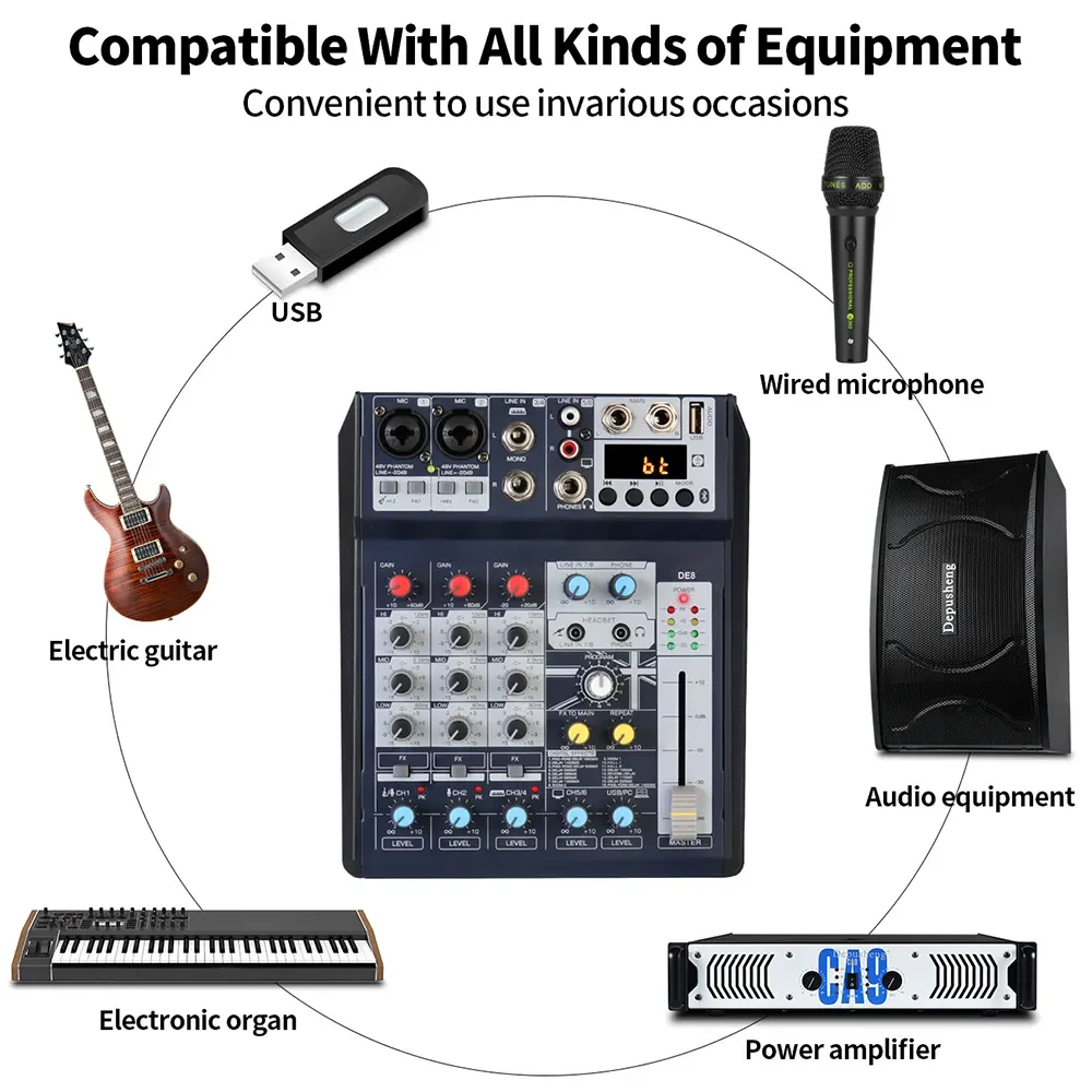 DE8 Professional DJ Sound Controller with 16 Bit DSP Soundcard for PC Recording 8 channel usb audio mixer