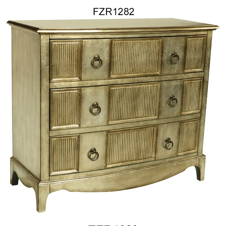 Chinese Home Vintage Luxury Cabinet Furniture Gold Leaf Wooden 3 Drawer Chest