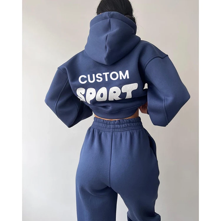 Wholesale custom puff printed drawstring fleece cropped hoodie set pour femmes hoodie oversized hoods and sweatshirts for women