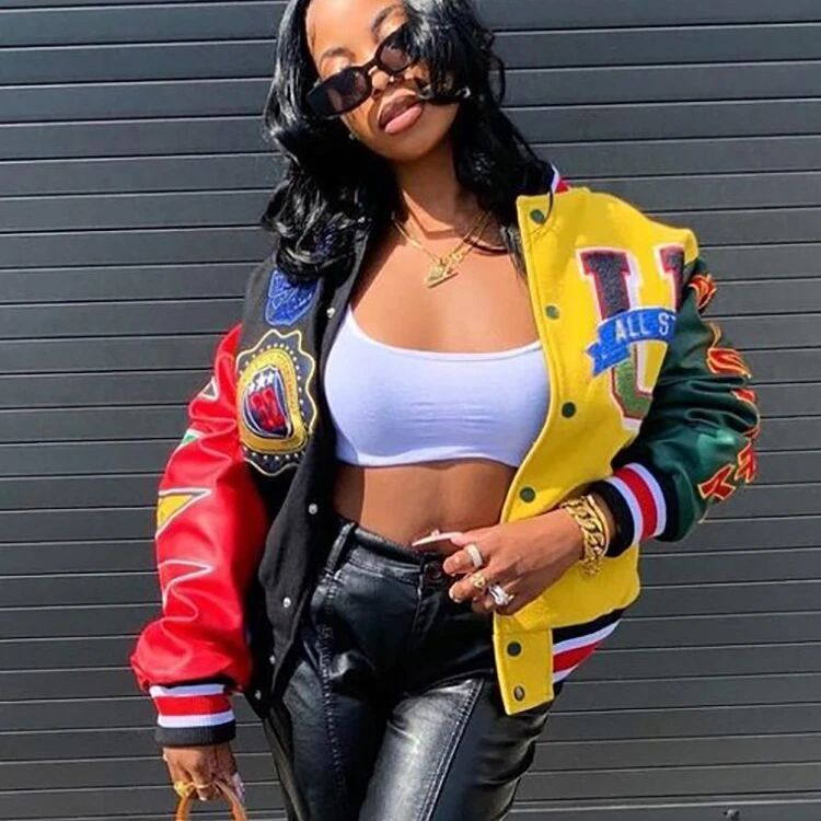 Hot Sale Fashion Autumn Uniform Youth Vintage Crop Top Custom Leather Baseball Varsity Jacket Women