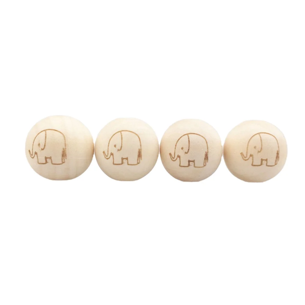 20mm Food Grade Engraved Elephant Wooden Round Teething Charms Beads For Bracelets