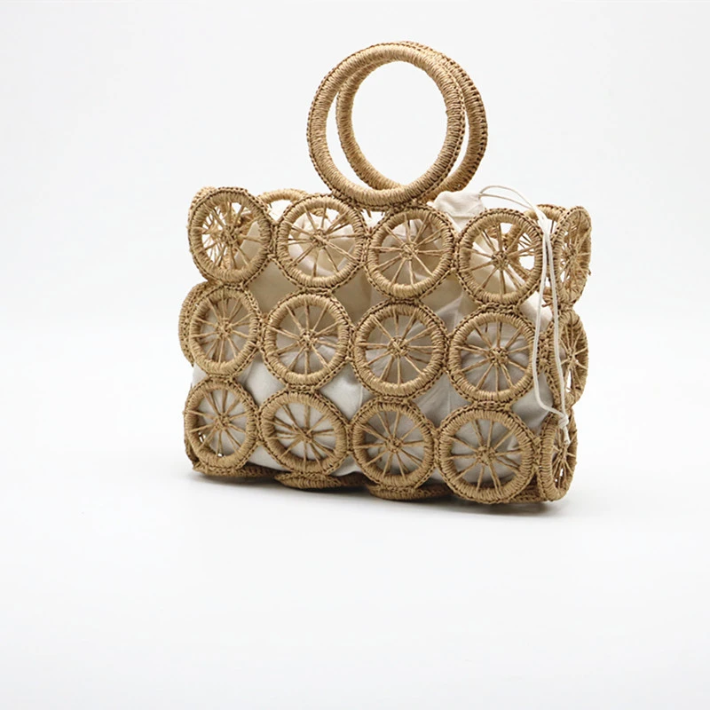 
Handmade vintage grass weave criss-cross wheel women summer beach hollow out tote bag 