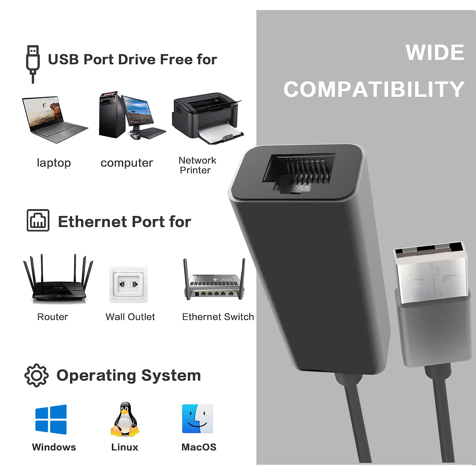 High quality wide compatibility USB A to Ethernet RJ45 Adapter USB Lan for Laptops MacBook Surface macOS Windows Linux
