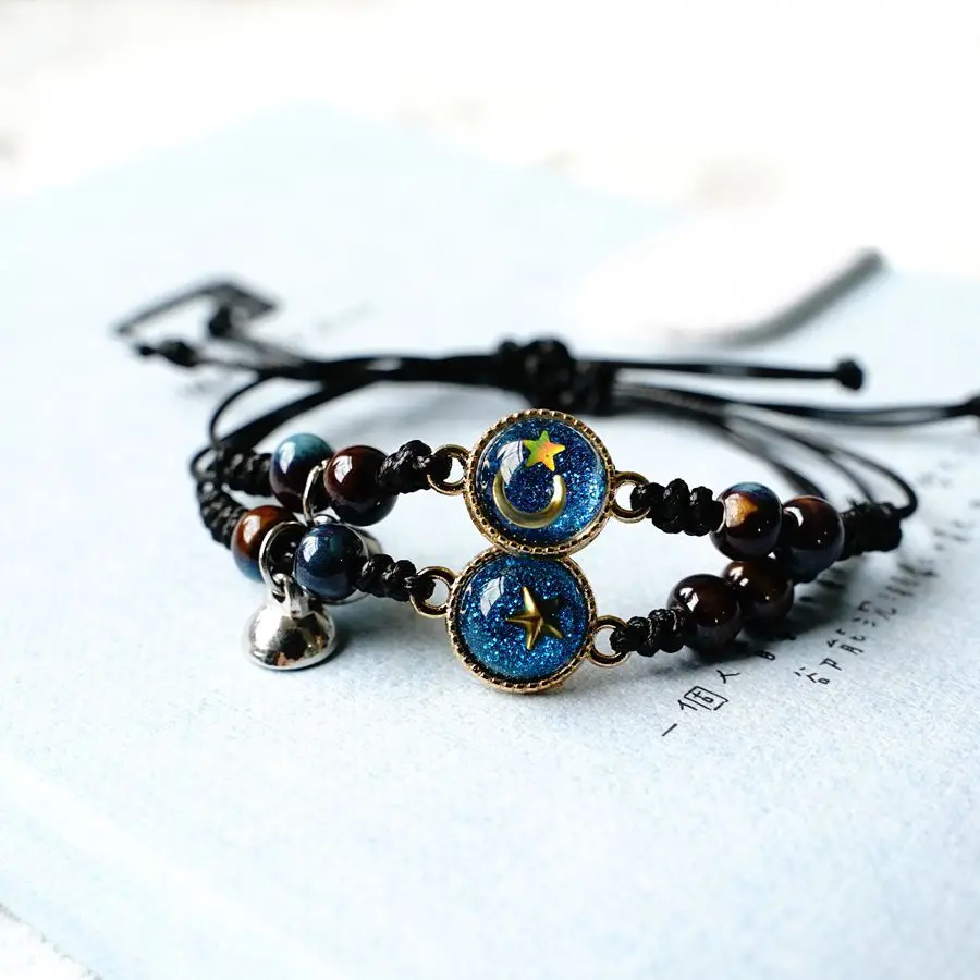 2Pcs/set Trendy Creative Star Moon Planet Bracelet Popular Magnetic Snapping Ceramic Bead Braided Rope Couple Bracelet
