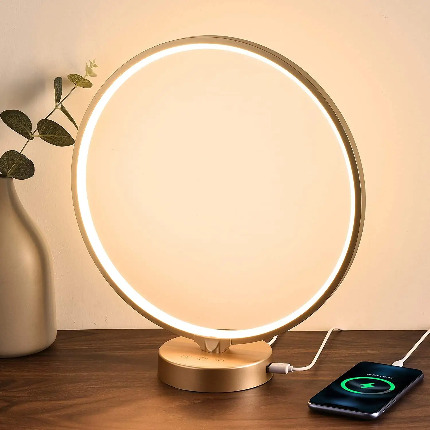 Modern 24Watt circle design touch light  bedside table lamps with usb port for phone charging