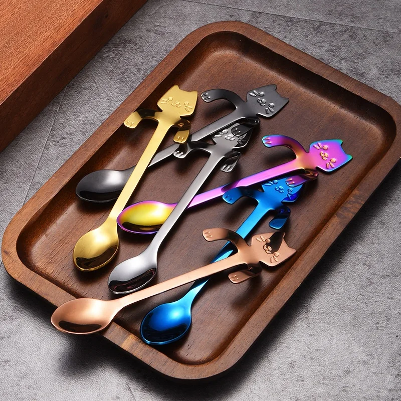 stainless steel small metal edible tiny Lovely cat shape gold cat spoons hanging cup creative dessert coffee tea spoon set