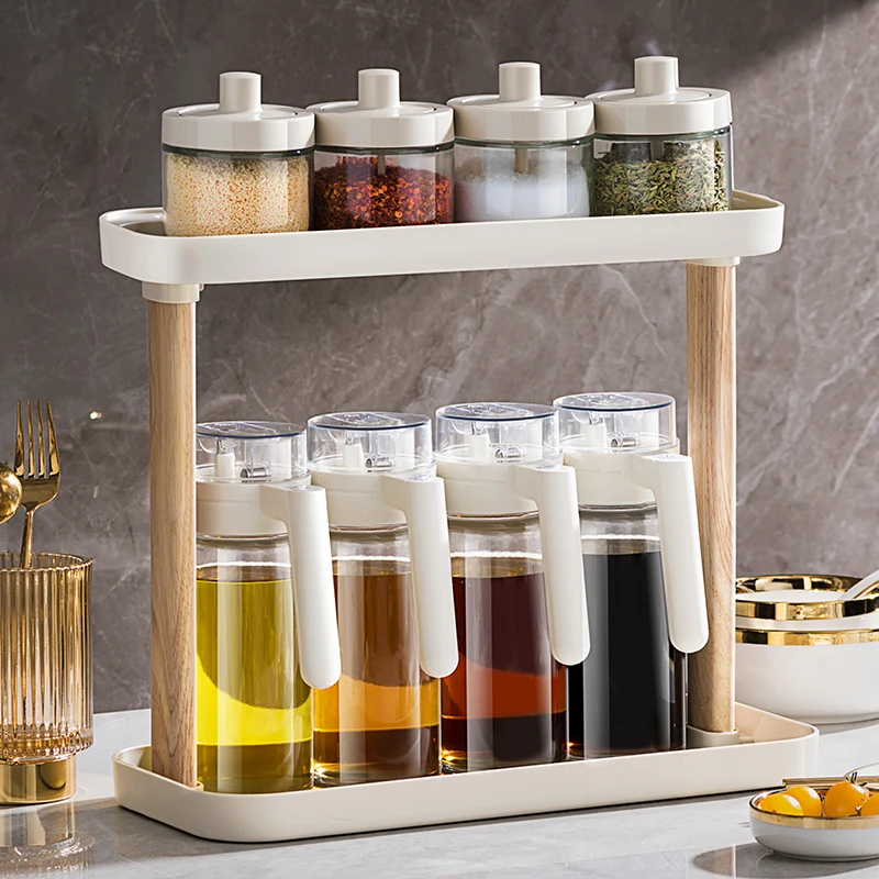 Pinmoo wholesale kitchen accessories 550ml olive oil and vinegar dispenser and spice jar set with wooden storage holder