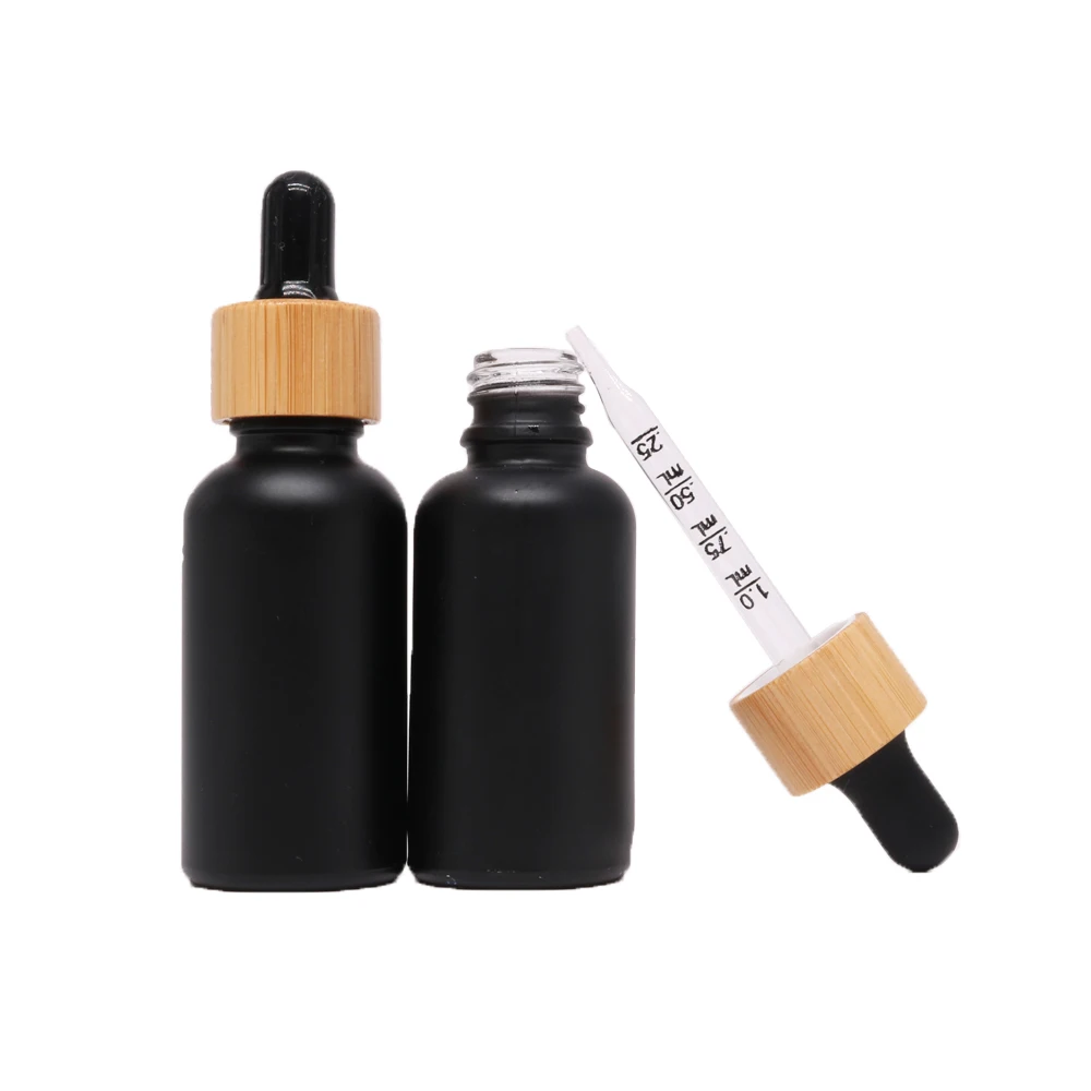 15 ml 20 ml 30 ml 50 ml 100 ml dark empty packaging black essential oil bottles with bamboo dropper cap