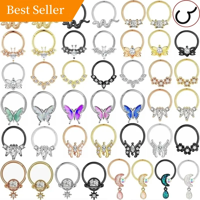 YICAI 16G Stainless Steel Snake Lotus flower Cartilage Hoop Earring Helix Piercing CZ Hinged Segment Clicker Septum Nose Ring
