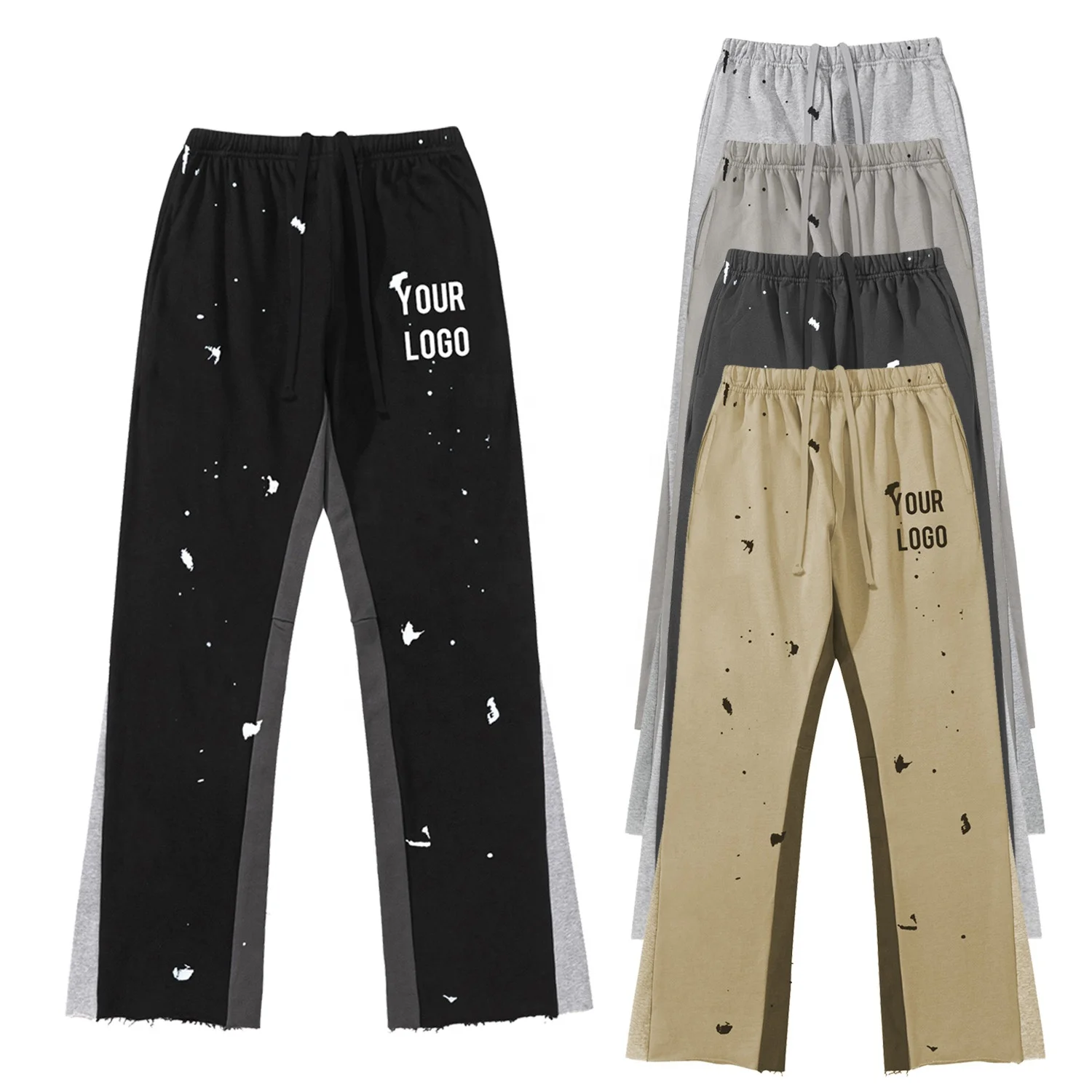 Custom Slogan Drawstring Straight Leg Stacked Flared Sweat Pants Men Patchwork Casual Flare Sweatpants