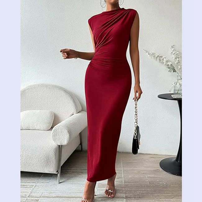 Channel 2024 Summer Women Casual Empire Waist Breathable Split Back Solid Ruched Sleeveless Bodycon Maxi Dress