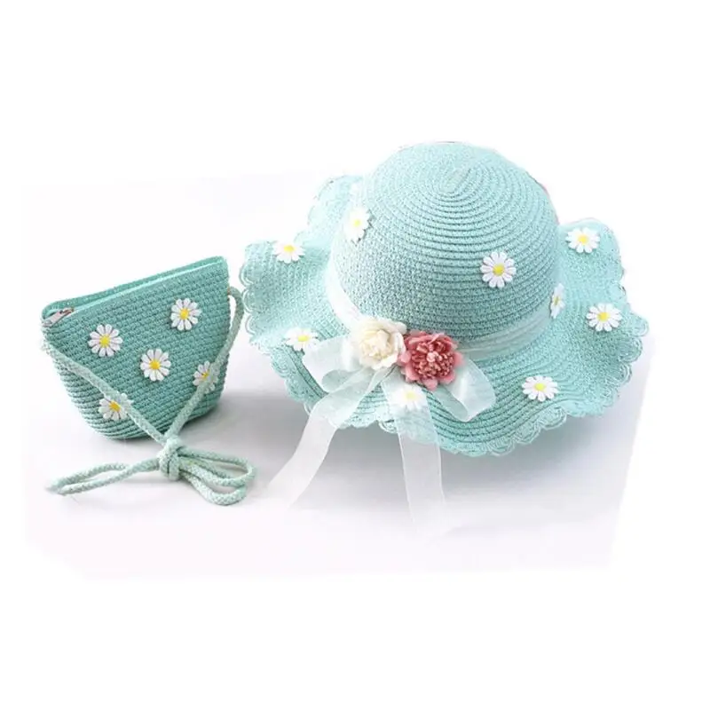 Kids Summer Pink Straw Hat Handbag Set Daisy Patch Lace Flower Band Girls Boater Straw Hats Children Beach Floppy Hat