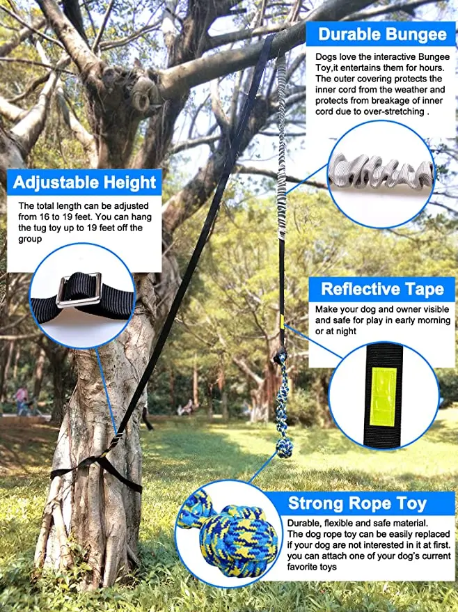 Outdoor Bungee Tug Toy, Dog Toy Hanging from Tree for Small to Large Dogs, Interactive Exercise Play Rope Cord & Tether Tug