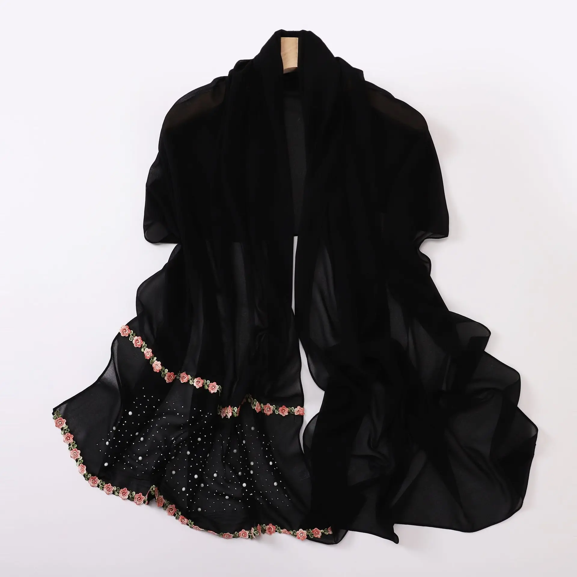 Factory Direct Sales Pastoral Style Lace Hui Gauze Scarf Ceramic Hot Drill Pearl Chiffon Long Scarf Middle East Malay Hijab