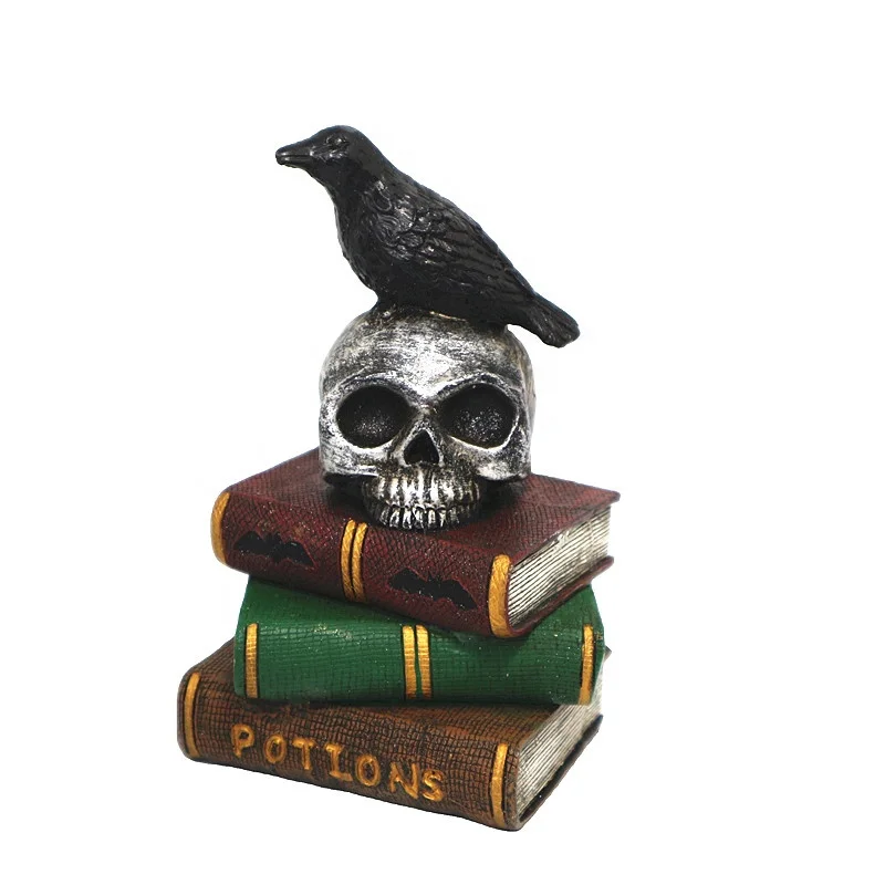 Creativity Design Perched Raven Book Statue Resin Edgar Poe Raven on Sculpture Home Decor for Halloween Party Packed in Box