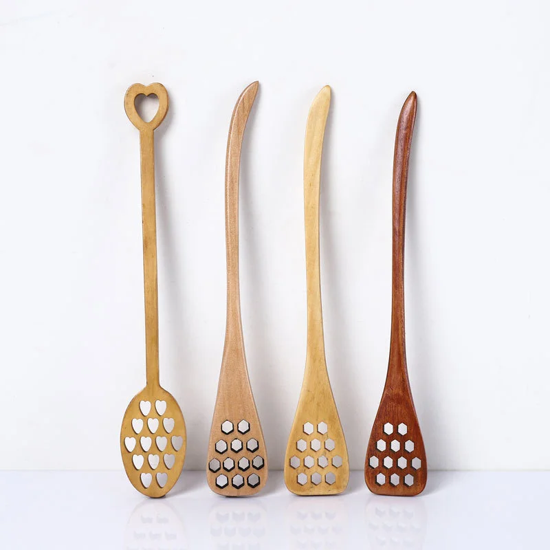 Custom Logo carved Long Handle Wood Honey Olive Jam Jar Mixing Stirring Spoon Sticks Wooden Coffee Honey Dipper With Hole